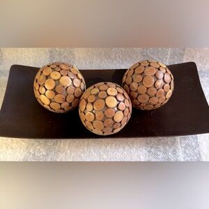 Wooden Decorative Balls With Wood Tray Set of 3